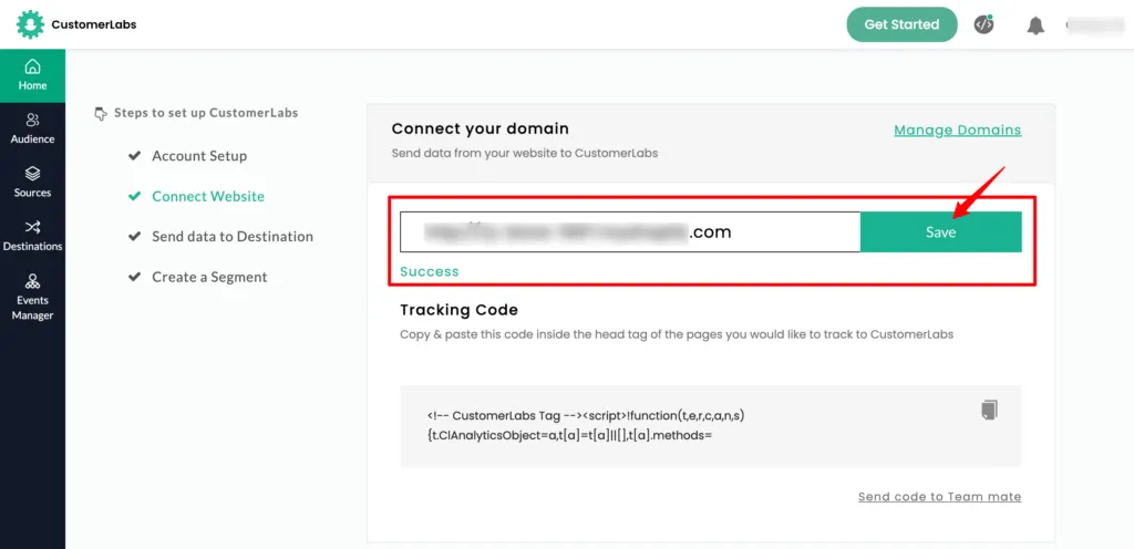 customerlabs dashboard to connect the domain -