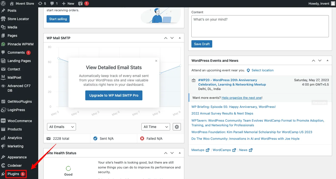 the image shows the dashboard of WordPress website and indicating the plugins option