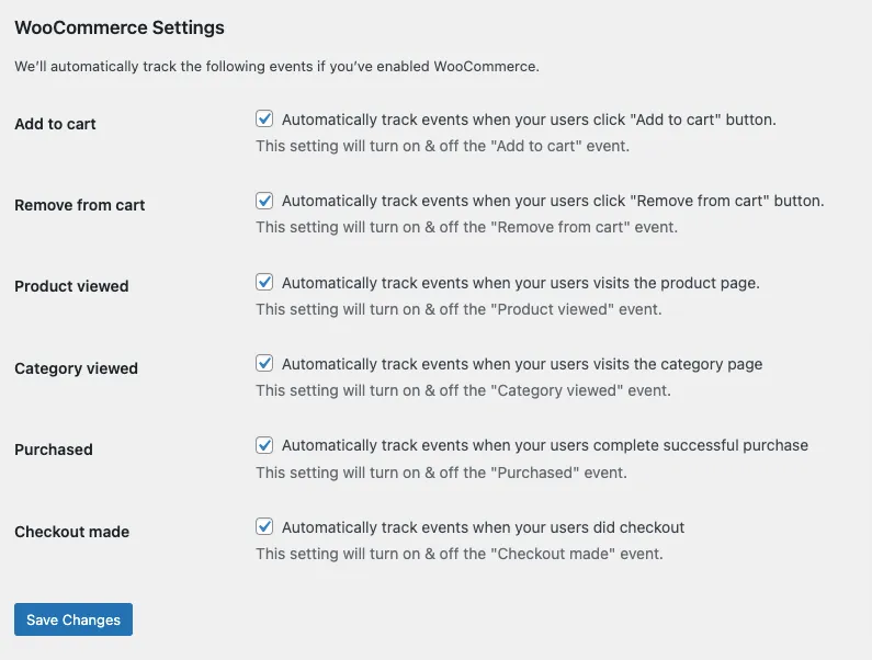 This image shows the inside of the woocommerce plugin settings and tick boxes for the events to be captured