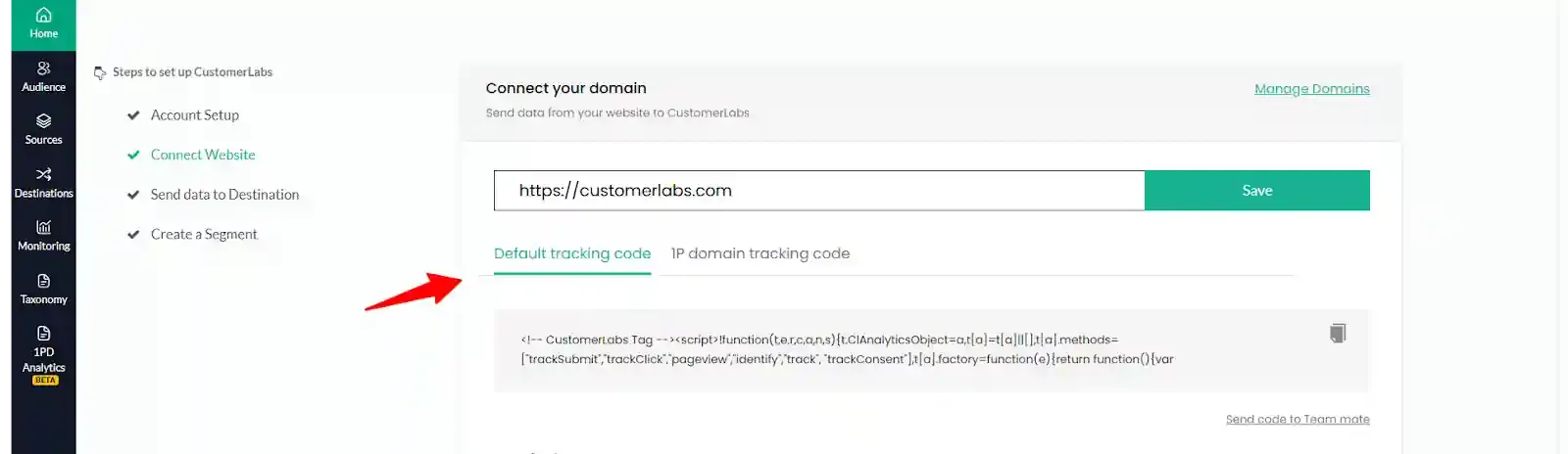 CustomerLabs homepage with tracking code ready to copy