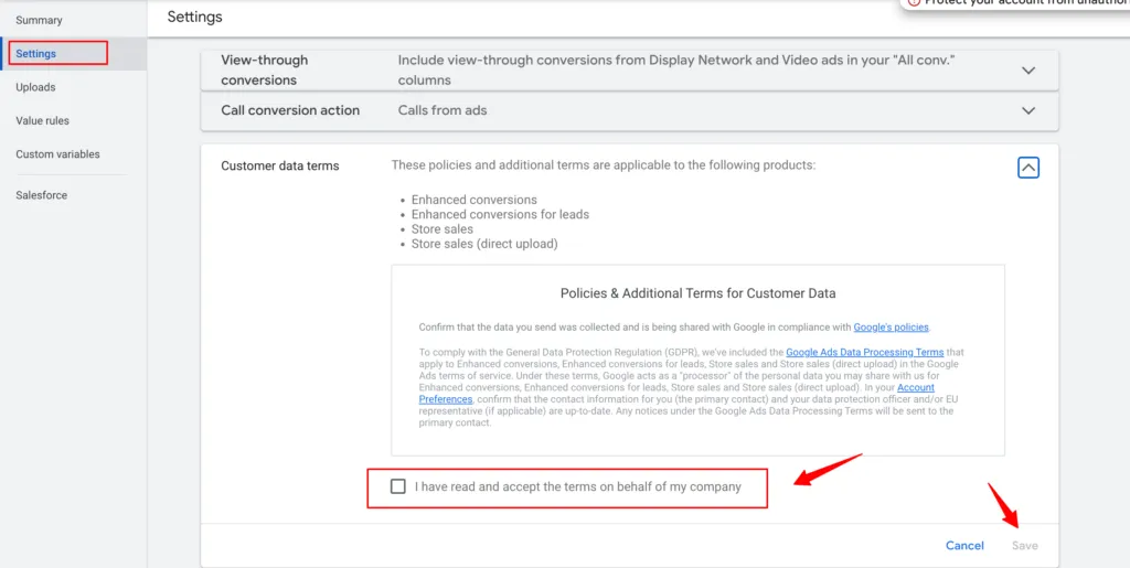 CustomerLabs + Google Adwords Integration 23 This image explains the settings of policies & Additional terms for Customer Data