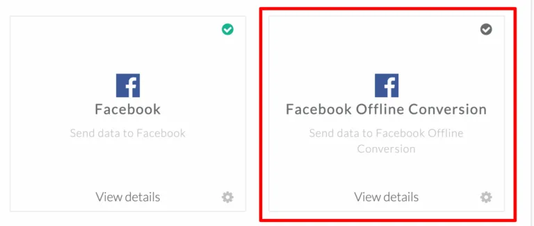 Screenshot shows the destination facebook offline comversion to click