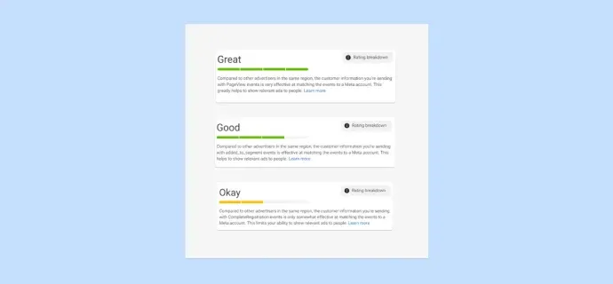 A image showing the Event Match Quality score ratings of Great, Good, Okay, Poor