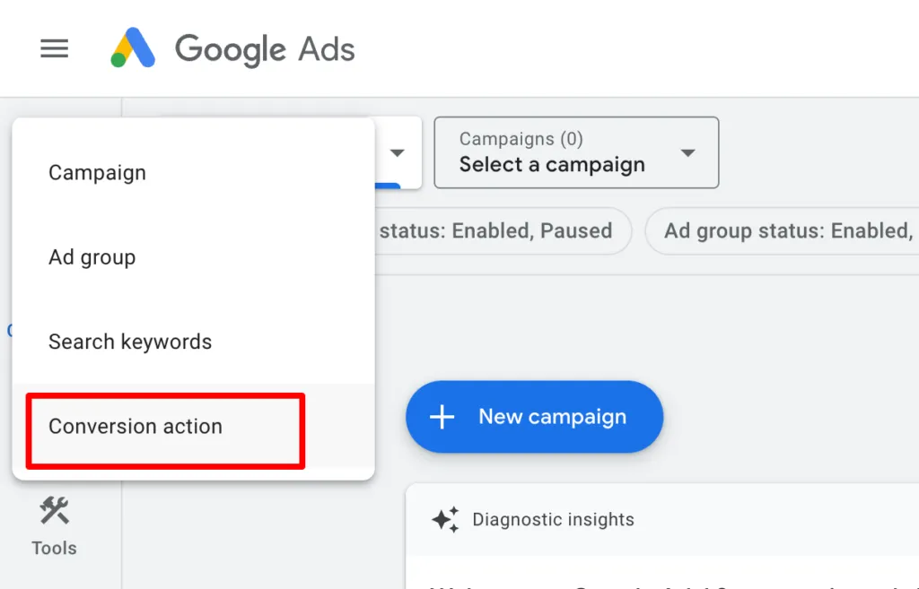 Google Ads interface showing a dropdown menu with options like Campaign, Ad group, Search keywords, and Conversion action.
A red box highlights the “Conversion action” option in the dropdown.