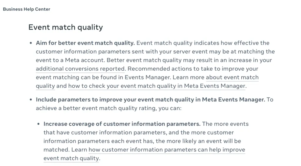 Screenshot from Meta showing how increased EMQ leads to better ad campaign performance.
