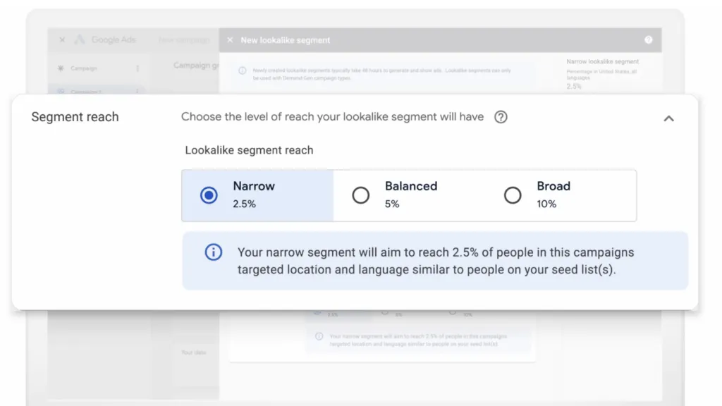 Screenshot of lookalike audience in Google Ads for Demand Gen campaigns