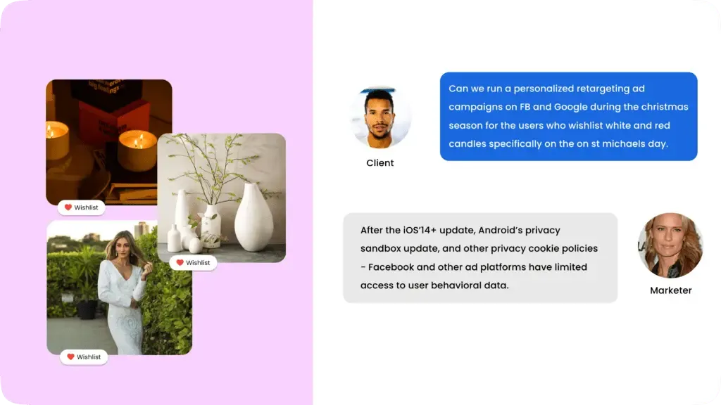 User behavior data helps improve upselling for your e-commerce business: The image shows why behavioral retargeting ads is no more possible due to the iOS 14.5+ updates, Android privacy sandbox update, and other privacy regulations. Facebook/Meta and Google have limited access to user behaviour data making it difficult for behavioral retargeting ad campaigns to work. CustomerLabs has come up with a solution that is using First party data.