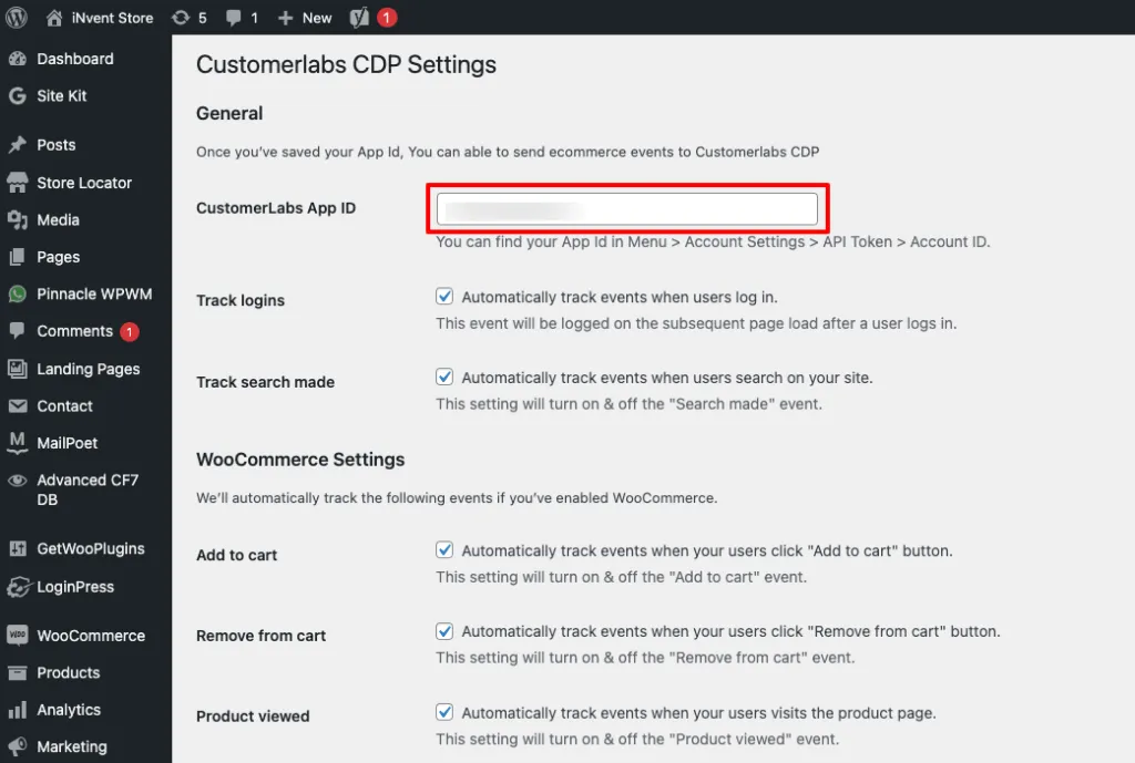 This image represents the dashboard of CustomerLabs App ID