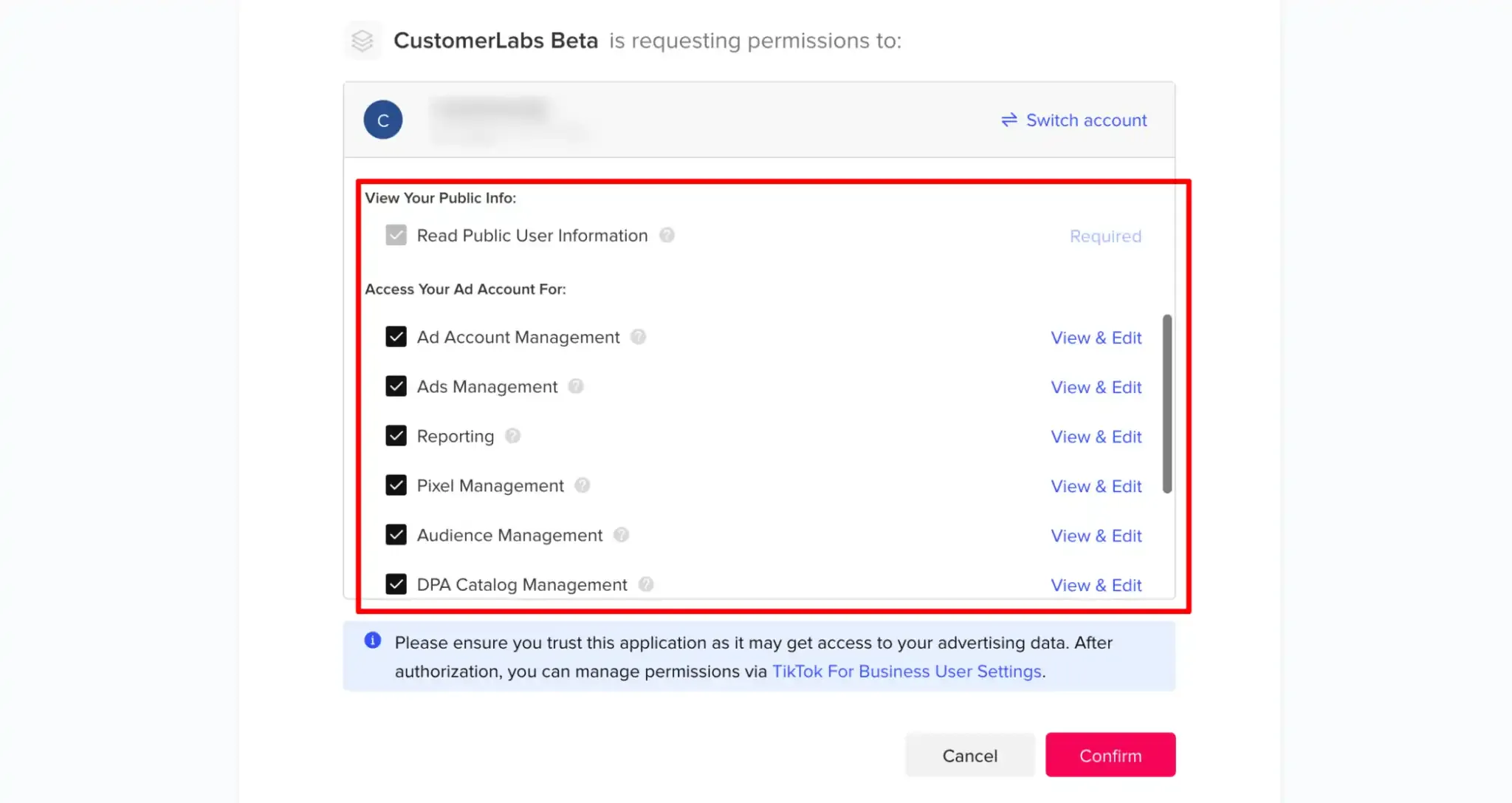 Grant permissions on TikTok and click Confirm