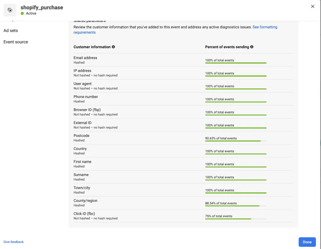 Screenshot of event match quality inside the Meta events manager showing all the customer parameters sent through Customerlabs 1PD Ops It shows that majority of the events have fbc and fbp parameter