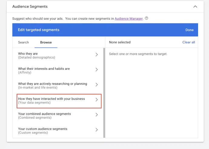 Screenshot from Google Ads showing Audience Targeting and segment options inside the Campaign setup to narrow down the targeting to find the right audience.