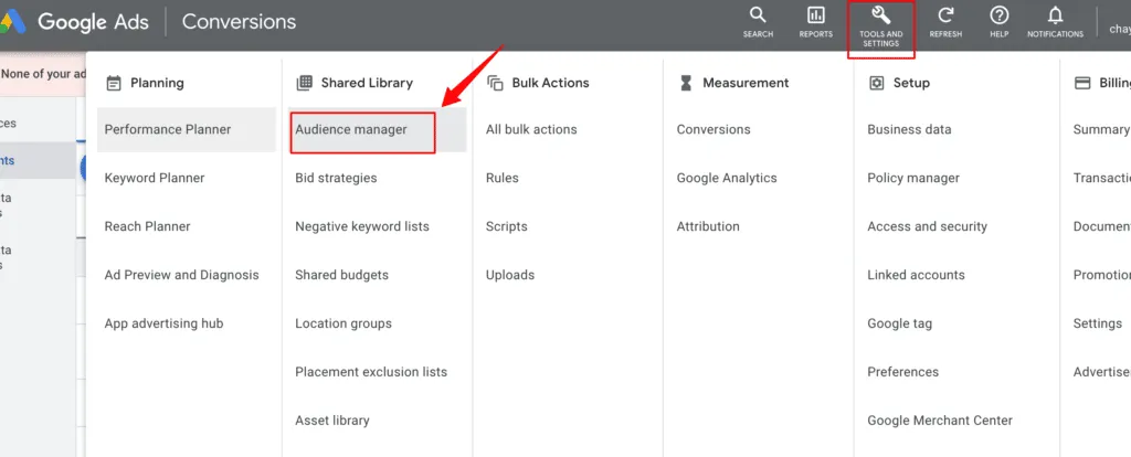 Thi image shows the Google Ads audience manager