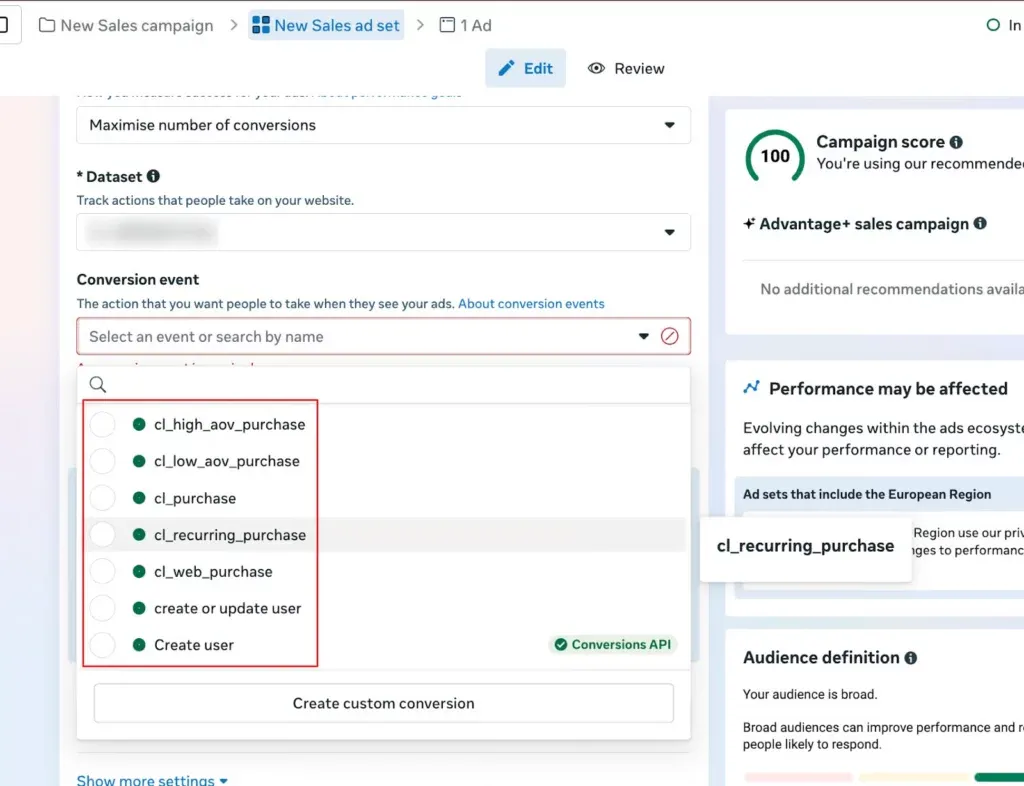 Campaign setup with conversion event displayed and recurring purchase