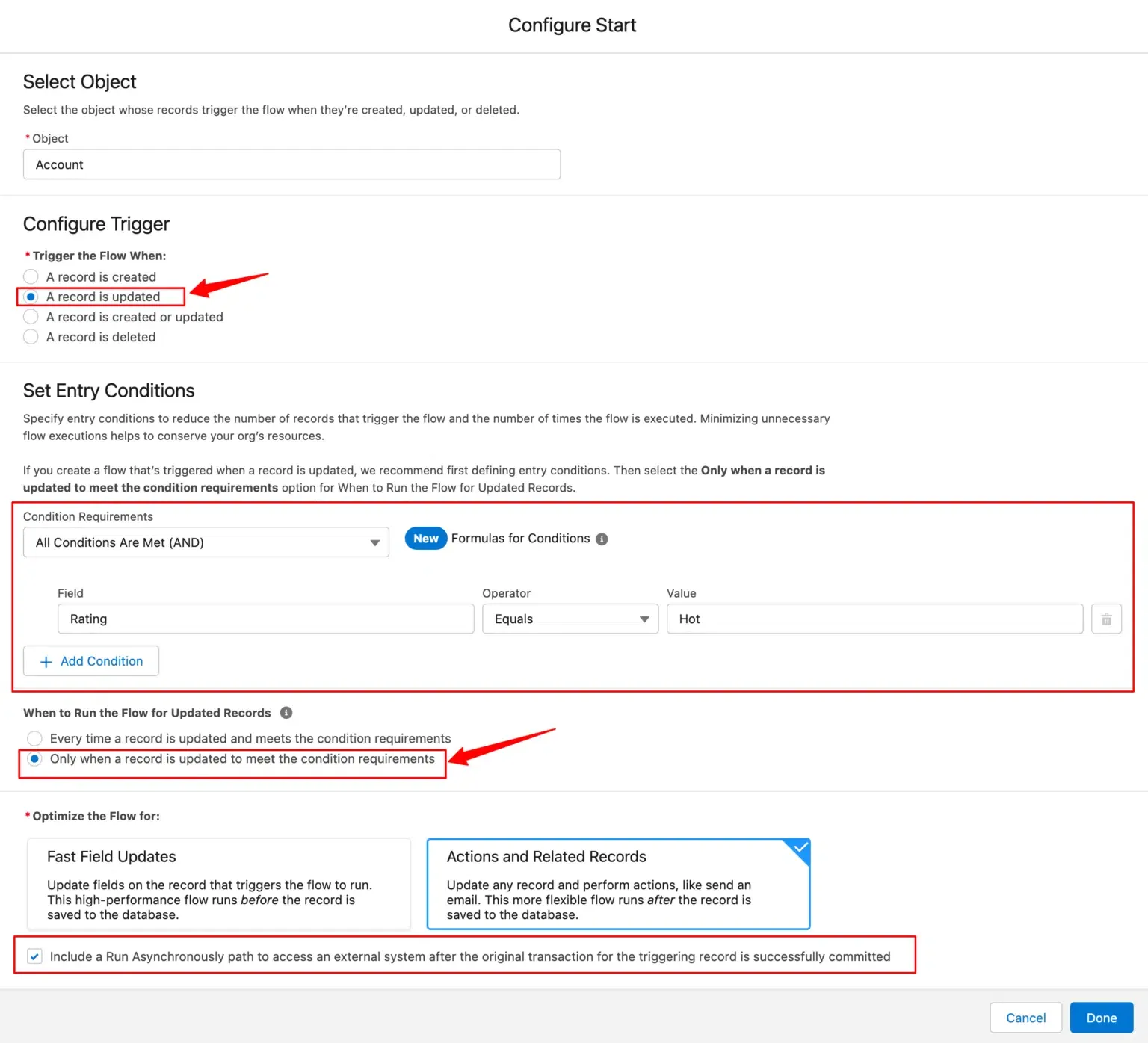 Flow trigger configuration for account update