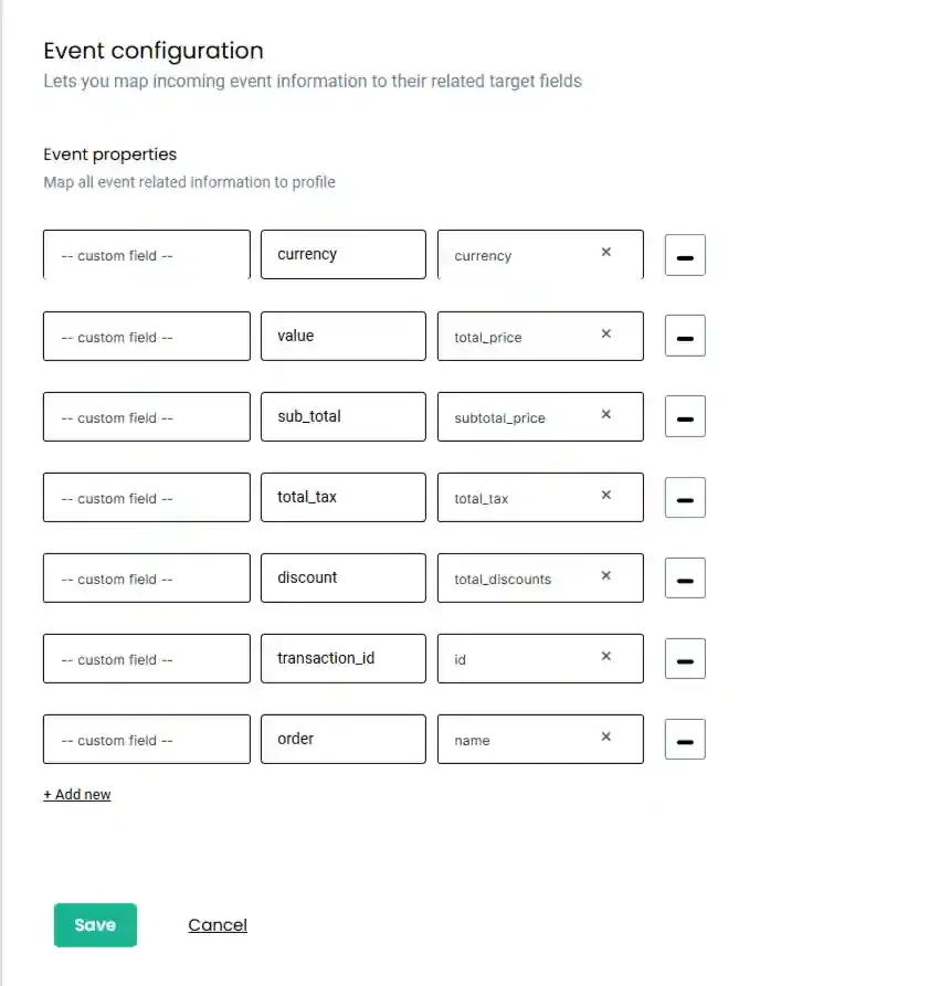 Event properties mapping for purchase