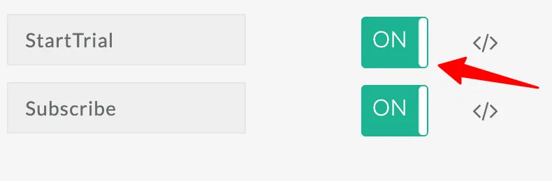 CustomerLabs event list showing StartTrial and Subscribe events with toggles to enable or disable them.
A red arrow points to the ON toggle switch.