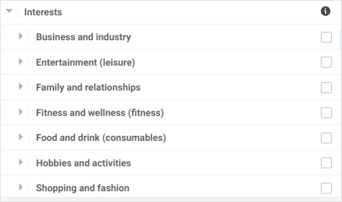 Screenshot of Interests targeting options with which marketers can make use of. This helps you target your audience in the right way on Facebook Ads based on different interest a user posses. 