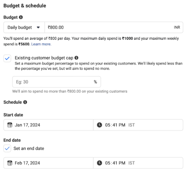 Screenshot of advantage shopping campaigns settings to set budget cap for existing customer.