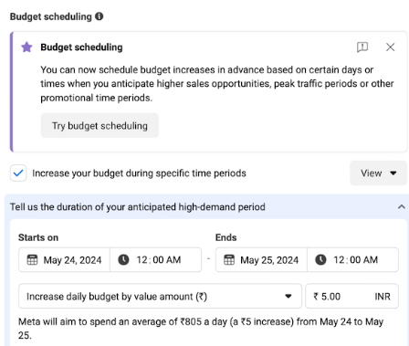 Screenshot of advantage shopping campaigns settings to set budget schedule.