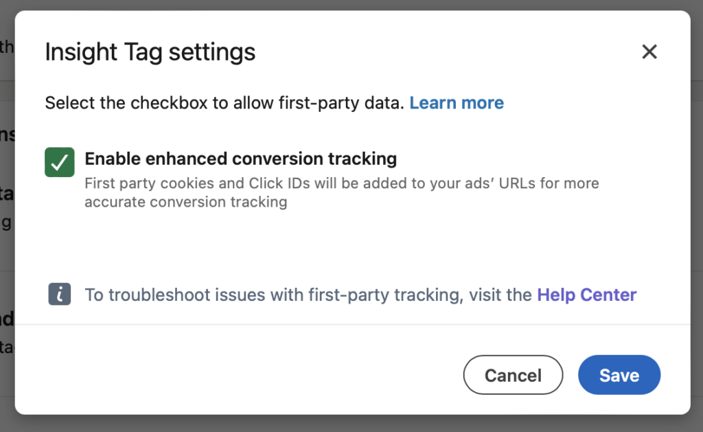Screenshot of insight tag settings to enable enhanced conversion tracking.