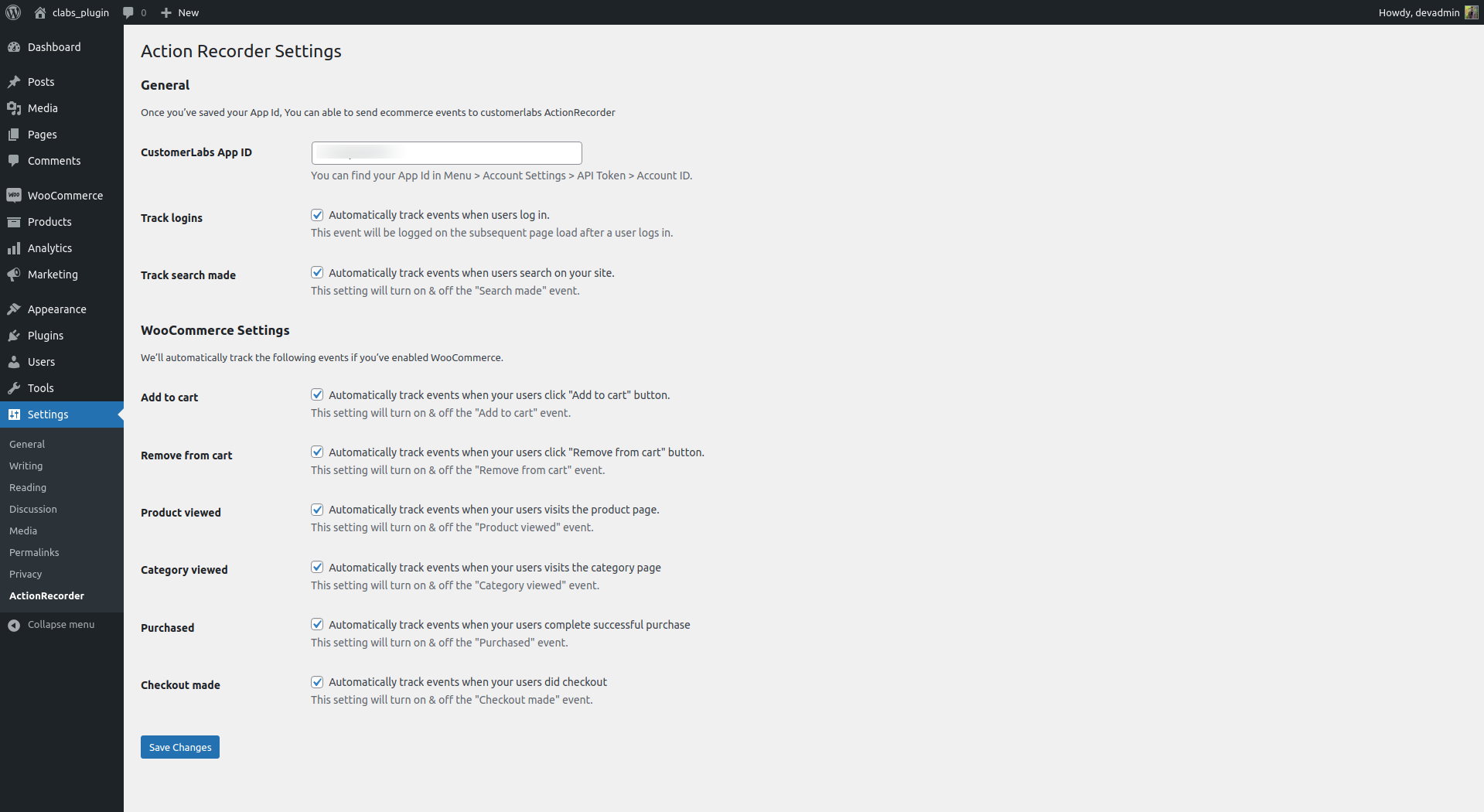 The screenshot of CustomerLabs WooCommerce plugin settings screen with CustomerLabs App ID blurred out.