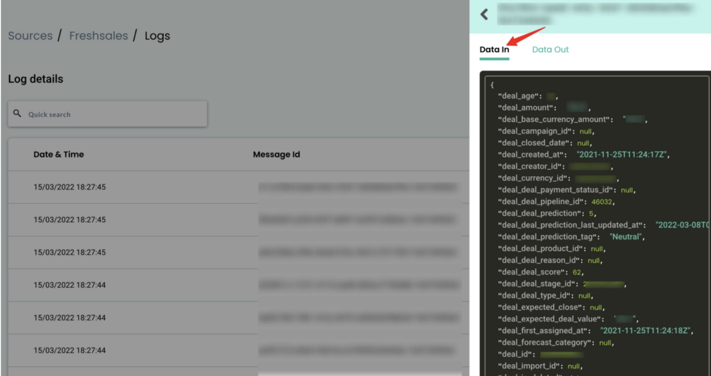 logs data from source connected to customerlabs app