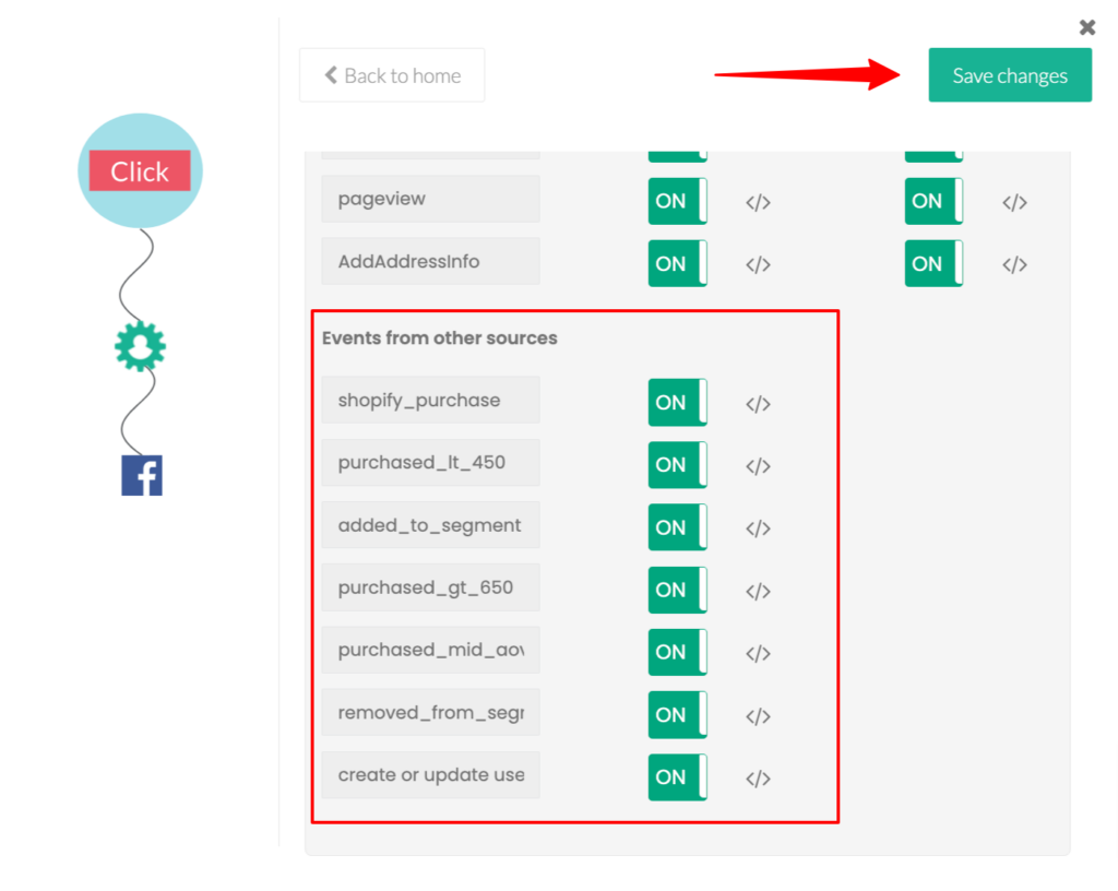 screenshot of customerlabs on toggling on the custom events created.