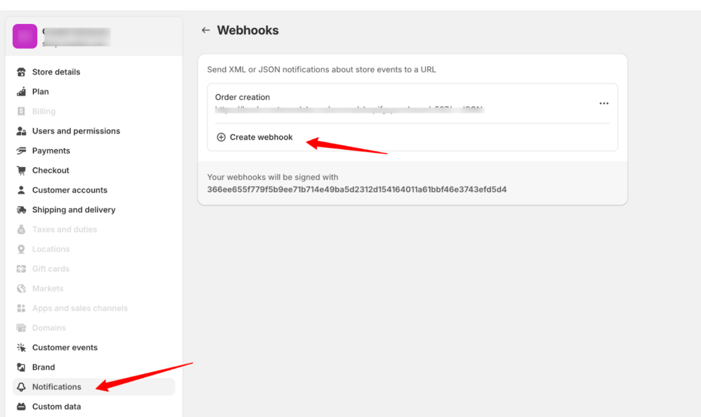 Shopify screenshot on creating webhook