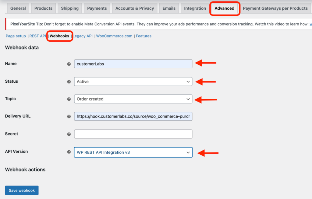 screenshot from woocommerce on configuring the webbook for customerlabs