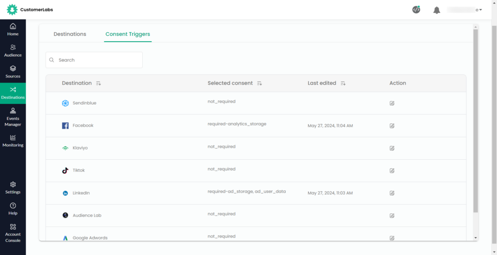 Consent Settings for Destinations