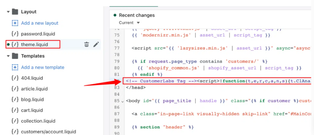 Screenshot showing theme.liquid code and how to edit it by pasting the CustomerLabs tracking code.