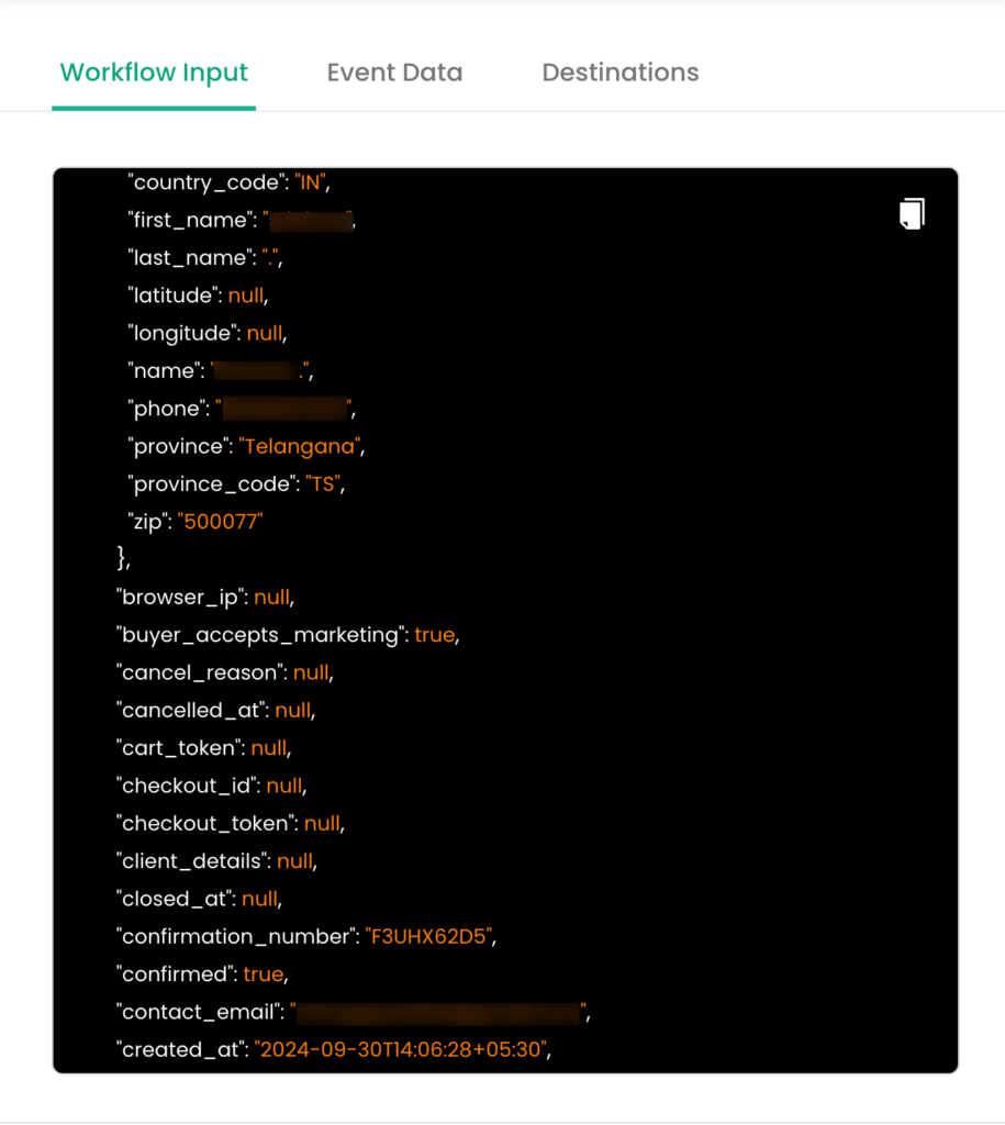 Workflow Input, Event Data and Destinations - JSON view