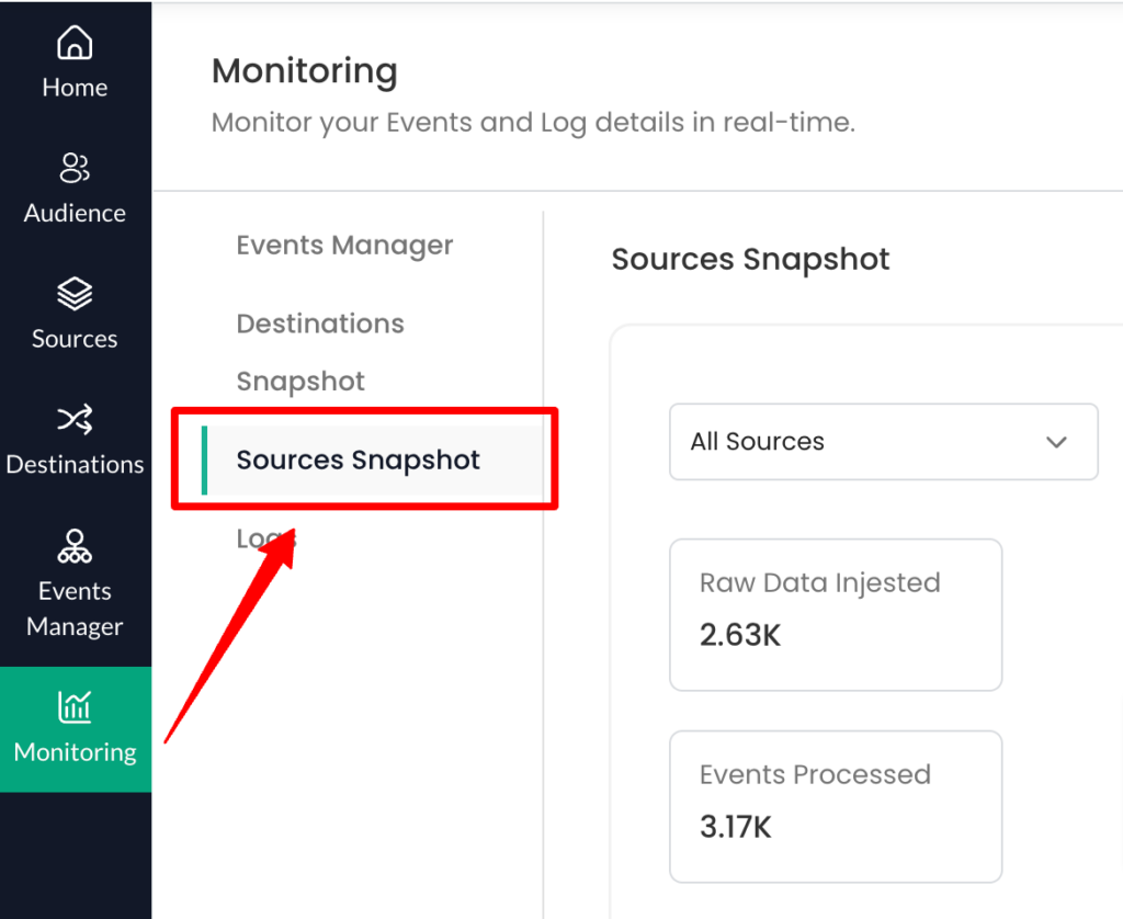 Go to Monitoring and select Sources Snapshot.