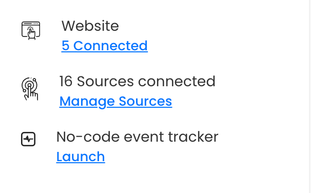 Side Menu to view connected Domains, view connected Sources and Launch No-Code Event Tracker.