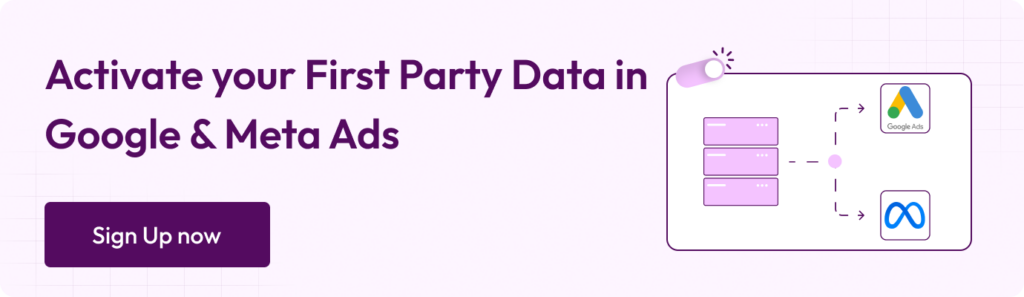 Activate your first party data in Google & Meta Ads CTA Sign Up Now.