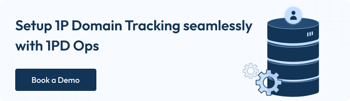 CTA with the text Setup 1P domain tracking seamlessly with 1PD Ops book a demo for Google's First Party Mode blog.