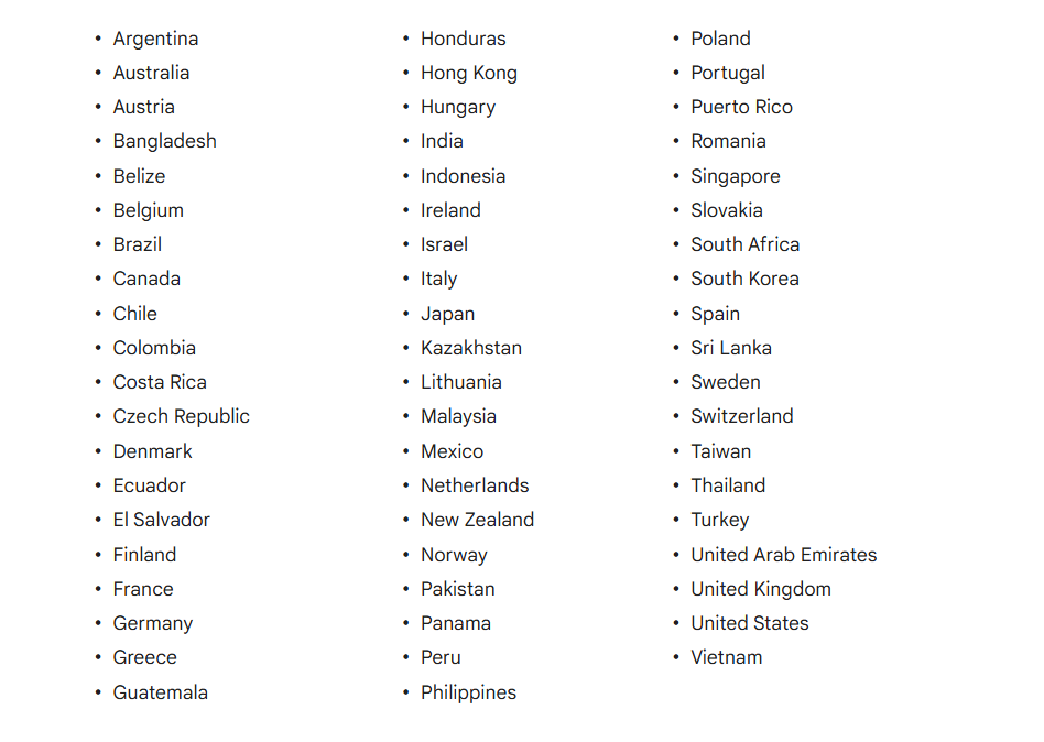 Regions where Google Ads Lead Forms can be used